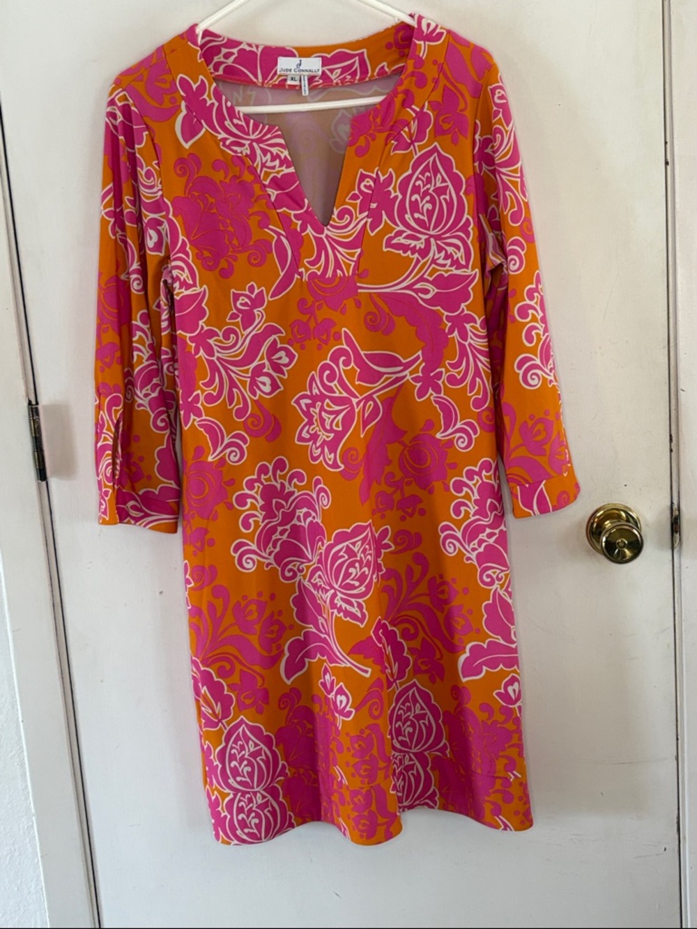 Jude Connally Megan Etched Floral Orange pink tunic style dress Size XL